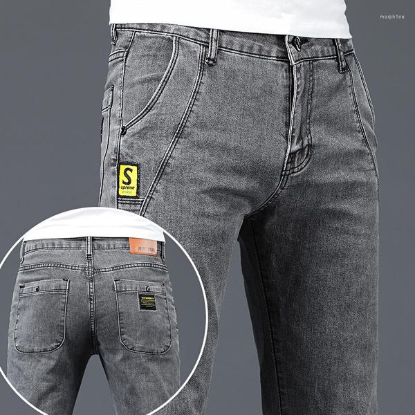 Pantalones vaqueros para hombre, marca de moda, pantalones vaqueros ajustados grises ajustados con personalidad Simple para hombre, ropa informal para hombre