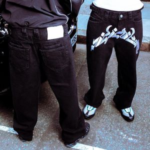Heren jeans mode brief print jeans vrouwen mannen zwart losse straat hiphop jeans y2k punk casual rechte brede poten broek 230817