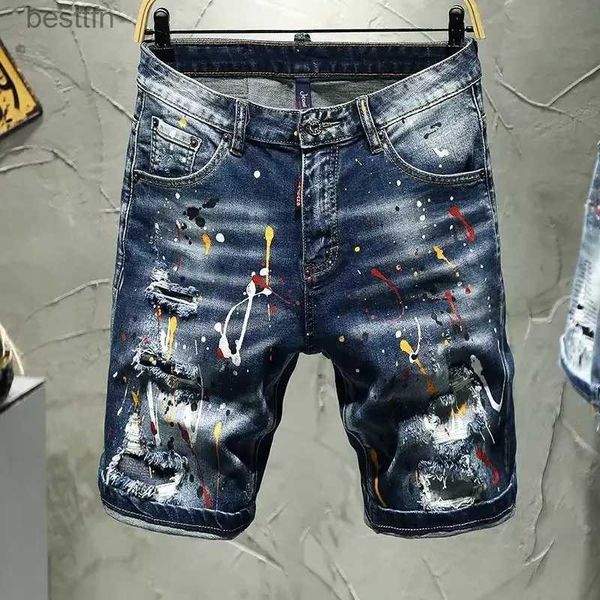 Jeans pour hommes Mode marque de luxe coréen Streetwear encre point décoré à la main hommes jean Y2K Vintage mince déchiré Jorts en détresse Denim ShortsL231208