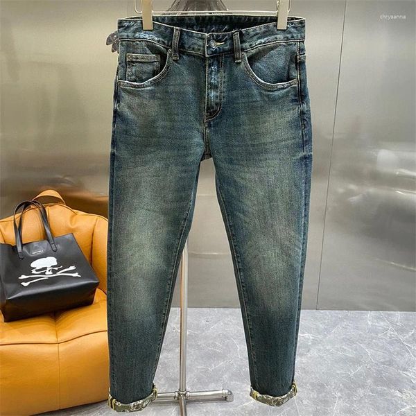 Jeans para hombres Moda Hombres Otoño Invierno Casual Grueso Suave Estiramiento Lápiz Pantalones Azul Vintage Impresión Denim Pantalones