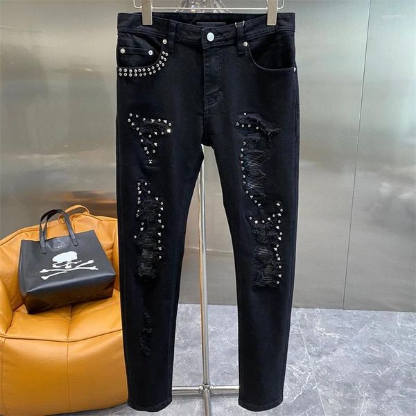 Jeans pour hommes Mode Hommes Automne Hiver Ripped Black Casual Regular Stretch Denim Pantalon Punk Rivet Crayon Pantalon