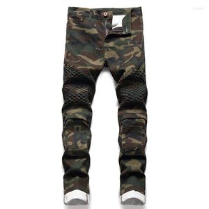 Heren jeans mode mannen camouflage print patchwork militaire fietser voor moto slank fit rechte leger green pocket cargo denim pant