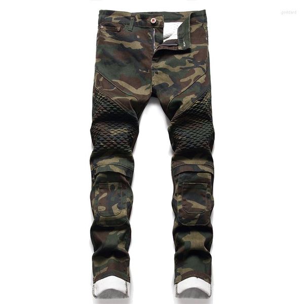 Jeans pour hommes Mode Hommes Camouflage Imprimer Patchwork Militaire Biker Pour Moto Slim Fit Droite Armée Vert Poche Cargo Denim Pantalon