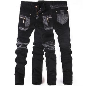 Hommes Jeans Mode Hommes En Cuir Pantalon Patchwork Casual Maigre Moto Haute Qualité Slim Pantalon Taille 2836 230330