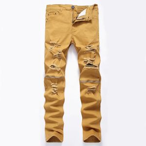 Jeans pour hommes Mode Hommes Ripped Designer Pantalon Slim Fit Genou Zipper Rouge Club Wear Bright Color Denim Joggermen