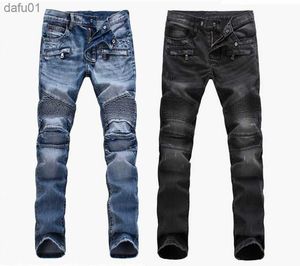 Jeans pour hommes Mode Hommes commerce extérieur bleu clair noir jeans pantalons moto motard hommes laver pour faire le vieux pli hommes Pantalons Casual Runway Denim L230520