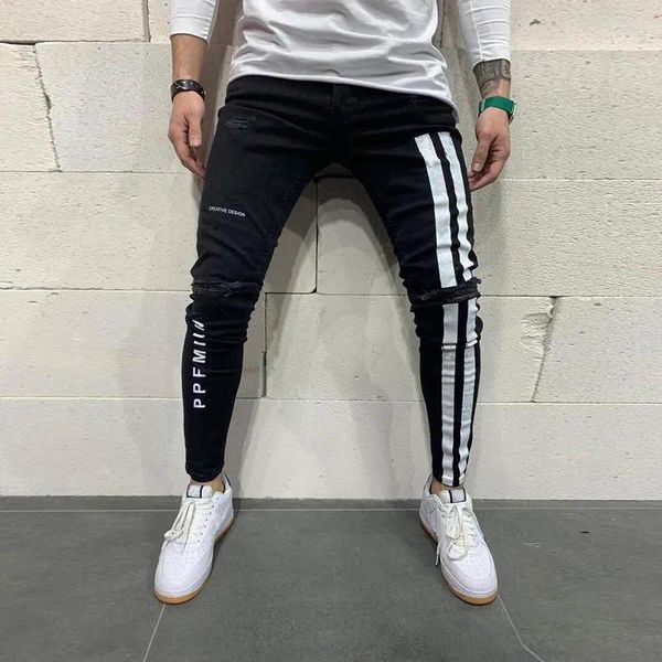 Jeans para hombres Moda Hombres Skinny Biker Destruido Frayed Fit Denim Ripped Side Stripe Lápiz Pantalones Hip Hop Streetwear S-3XL