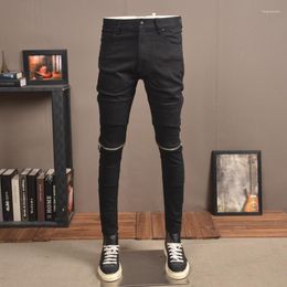 Jeans pour hommes Mode Hommes Rue Maigre Noir Élastique Slim Fit Spliced Biker Jean Zipper Designer Hip Hop Stretch Denim Punk Crayon Pantalon