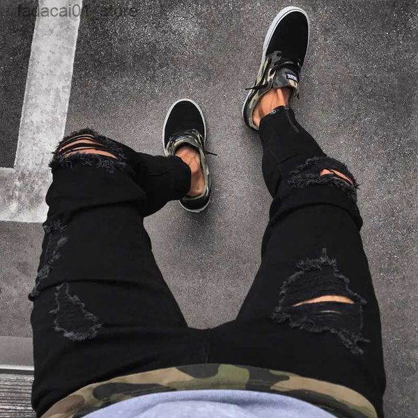 Jeans para hombres Moda para hombre Diseñador fresco Negro Ripped Skinny Jeans Destruidos Frayed Slim Fit Denim Pant Zipper Hop Pantalones Agujeros para hombres Q240202
