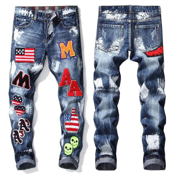 Hommes Jeans Mode Hommes Denim Slim Pantalon Patchwork Badge Flocage Droit Long Pantalon USA Drapeau Pour Hommes JS896