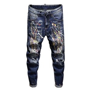Jeans pour hommes Mode Hommes Hip Hop Casual Ripped Distressed Skinny Denim Pants Small Straight Paint Splashing Hole