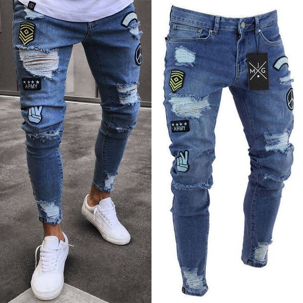 Jeans pour hommes Mode Hommes Skinny Rip Slim Fit Stretch Denim Détresse Effiloché Biker Rayé Creux Long Boy Zone 230211