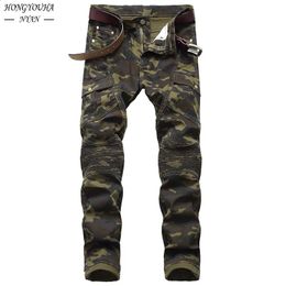 Jeans para hombres Moda Camuflaje militar Masculino Tendencia delgada Hip Hop Ejército recto Bolsillo verde Cargo Denim Pantalones de marca juvenil 231214