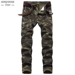 Heren jeans mode mode militaire heren camouflage jeans mannelijke slanke trend hiphop rechte leger green pocket denim jeugd merkbroek 230524