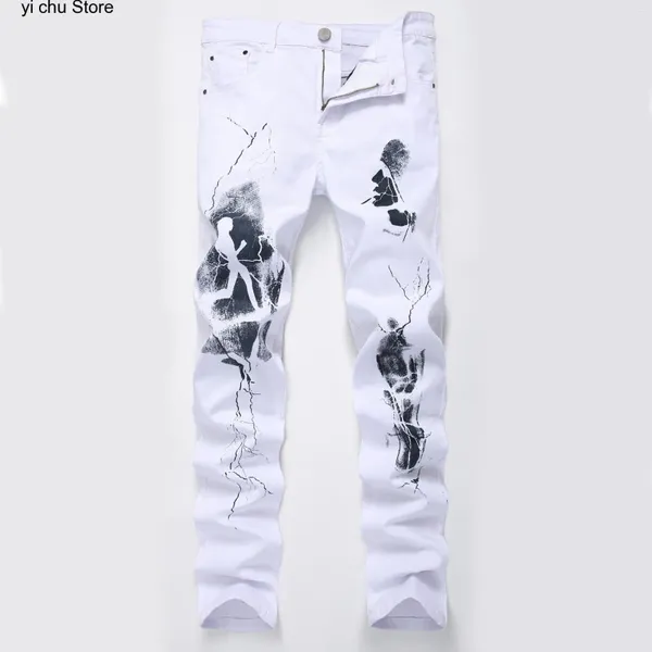 Jeans para hombres Moda Pintado Denim Slim Fit Blanco Hombres Hip Hop Elástico Casual Cowboys Pantalones Impresión Streetwear Jean Pantalones