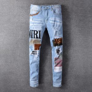 Heren Jeans Fashion Patch Ripped Blue Heren Slim Fit Designer Washed Denim Broek Hip Hop DJ Party Punk Rock Broek