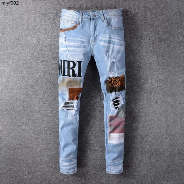 Jeans pour hommes Fashion Patch Ripped Blue Hommes Slim Fit Designer Pantalon en denim lavé Hip Hop Party Punk Rock Pantalon