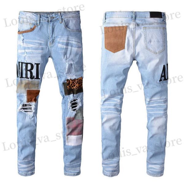 Jeans pour hommes Patch de mode Ripped Blue Men Slim Fit Designer Pantalon en denim lavé Hip Hop DJ Party Punk Rock Pantalon T230725