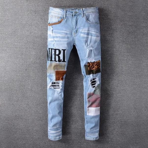 Jeans pour hommes Fashion Patch Ripped Blue Hommes Slim Fit Designer Pantalon en denim lavé Hip Hop DJ Party Punk Rock Pants316n