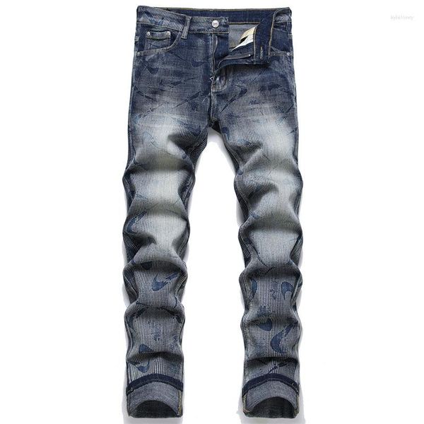 Jeans Homme Mode Style Punk Homme Cassé Urbain Imprimé Terre Blanc Mi-taille Décontracté