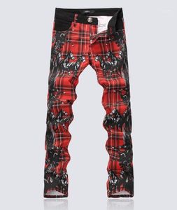 Jeans pour hommes Mode Rouge Plaid Hommes Cheval Imprimer Classique Peint Slim Crayon Pantalon1