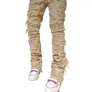 Heren jeans mode normale fit gestapelde patch distressed vernietigde rechte denim broek streetwear kleding casual Jean