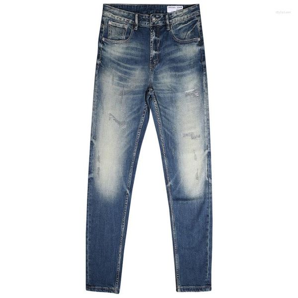 Jeans pour hommes Mode Rétro Petit droit lavé Élastique Patch Porté Jaune Hommes Slim Fit Pantalon Crayon