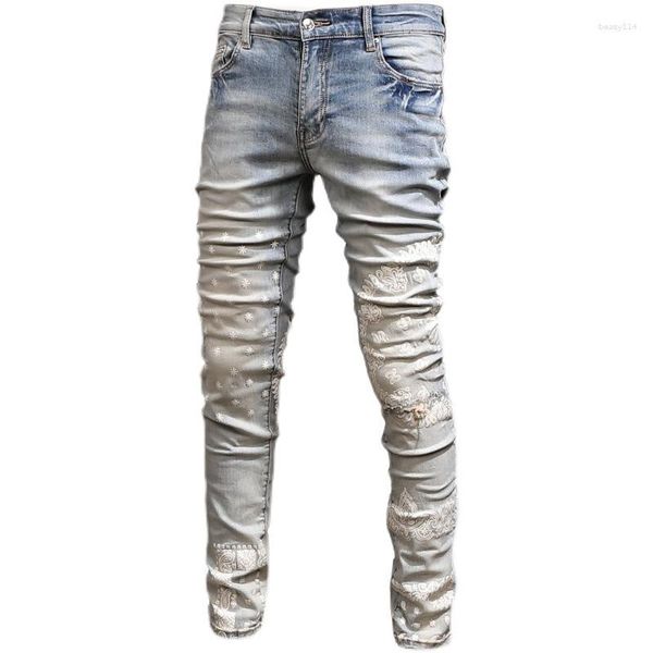 Jeans para hombres Moda Retro Lavado Angustiado Estampado de anacardo Bordado Estiramiento Delgado Lápiz de marca de moda