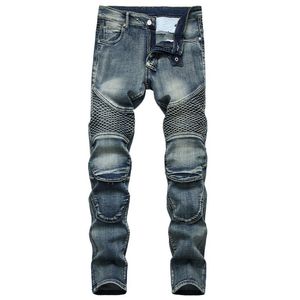 Jeans pour hommes Mode Ripped Biker Bleu Genou Plissé Cheville Zipper Marque Slim Fit Coupe Détruit Skinny Jean Pantalon