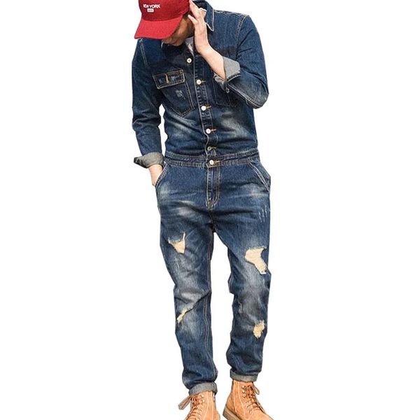 Jeans pour hommes Mode Ripped Denim Salopette avec vestes Combinaisons en détresse pour costume de travail masculin Costumes de scène 231213