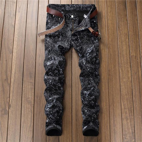 Jeans pour hommes mode déchiré Hip Hop pantalon noir Slim Streetwear 3D motif impression décontracté mâle discothèque Denim pantalon hommes