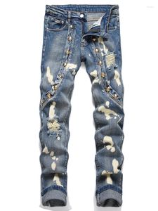 Heren jeans mode gescheurd stiksel klinknagel blauwe vintage slanke slanke stretch broek mid-taist gat noodlijdende broek