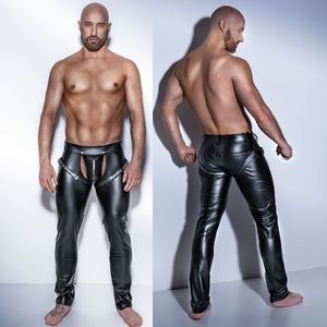 Hommes Jeans Mode Sexy Clubwear En Cuir Maigre Serré Pantalon PU Pantalon Élastique Personnalisé Entrejambe Bandage Mince 230330