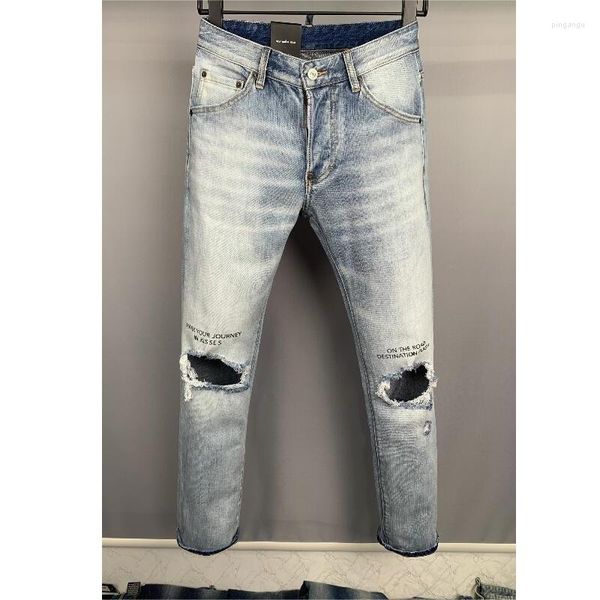 Jeans pour hommes mode Slim MotoBiker High Street Denim tissu pantalon à la mode décontracté trou peinture en aérosol 9869 #