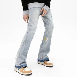 Jeans masculin mode éclaboussure graffiti vintage baggy homme flare jeans pantalon élégant lavé blue hop billet denim ropa hombre 231206