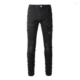 Jeans pour hommes Mode Steetwear Style Bandana Skinny Stretch avec trous déchirés Slim Fit Noir Bleu High Street Patch en détresse