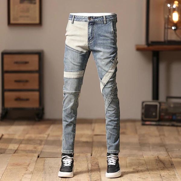 Jeans para hombres Moda Costura 2023 Invierno Slim Fit Tobillo Pantalones apretados Personalidad Calle Tendencia Pu Shuai