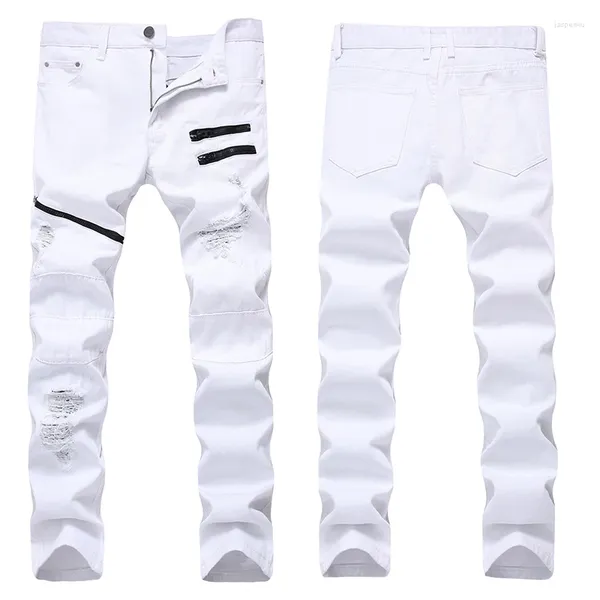 Jeans para hombres Moda de agujero delgado recto Insignia de algodón Patshwork Pantalones de mezclilla Hombres Diseño de estiramiento blanco