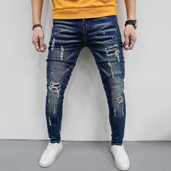 Jeans pour hommes Fashion Street Skinny Hommes Vintag Ewater Lavage Distressed Patch Pantalon Mens Casual Slim Fit Crayon Denim Pantalon Bleu