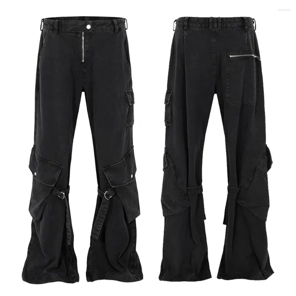 Jeans para hombres Moda Street Wear Pantalones acampanados negros Cinta Y2K Cremallera multibolsillo Unisex 2023 Otoño / Invierno