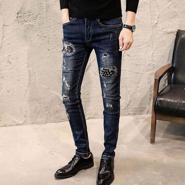 Jeans pour hommes mode Streetwear élastique Skinny hommes Rivet noir détruit déchiré Denim pantalon Slim Fit Hip Hop discothèque JeansMen's