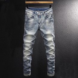 Hommes Jeans Mode Streetwear Hommes Rétro Gris Bleu Élastique Slim Fit Déchiré Épissé Designer Vintage Casual Denim Pantalon Homme