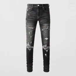 Jeans pour hommes Mode Streetwear Hommes Rétro Noir Gris Stretch Skinny Fit Ripped Cuir Patché Designer Hip Hop Marque Pantalon