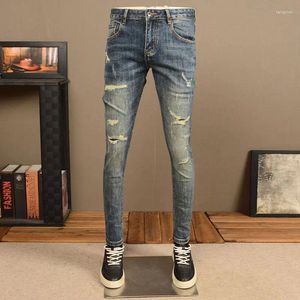 Heren jeans mode streetwear heren retro blauw stretch slank fit elastisch gescheurde vintage ontwerper denim potloodbroek hombre