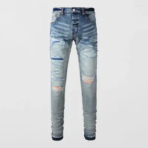 Jeans masculin streetwear streetwear homme rétro bleu clair stretch skinny fit trou de marque de marque hip hop enracinée