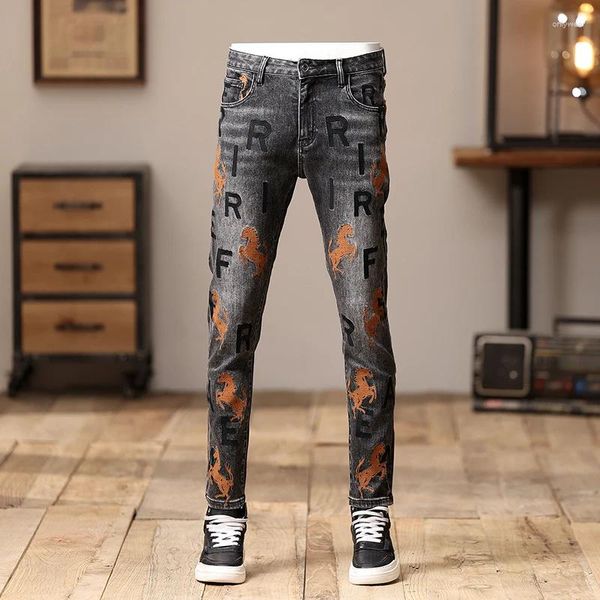 Jeans pour hommes Mode Streetwear Hommes Rétro Noir Gris Stretch Skinny Fit Ripped Broderie Designer Hip Hop Denim Pantalon Hombre