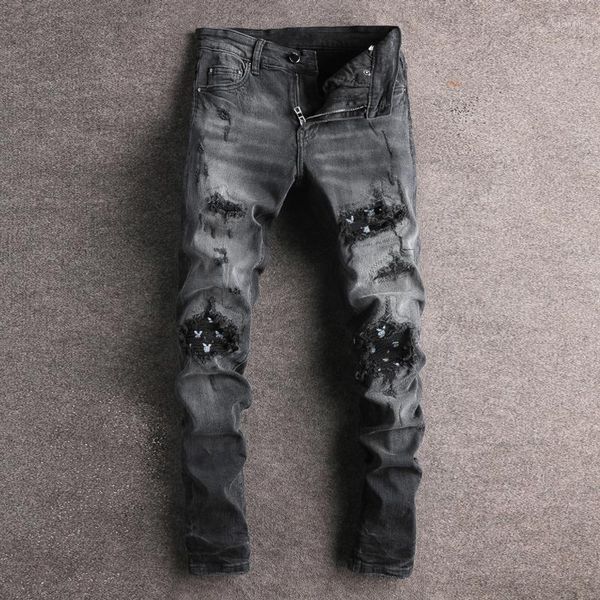 Hommes Jeans Mode Streetwear Hommes Rétro Noir Gris Élastique Slim Fit Déchiré Patch Designer Hip Hop Marque Denim Punk Pantalon