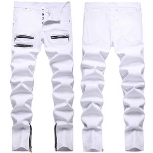 Jeans pour hommes Mode Streetwear hommes blanc Stretch Denim jean hommes fermeture éclair décoration pieds minces décontracté Biker Denim pantalon bouton patte jean 221008