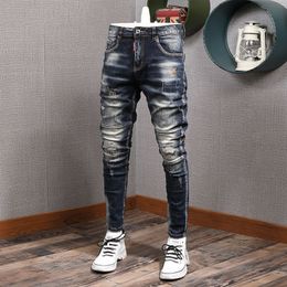 Jeans pour hommes Mode Streetwear Rétro Noir Bleu Élastique Slim Fit Ripped Spliced Designer Broderie Hip Hop Denim Pantalon 230113