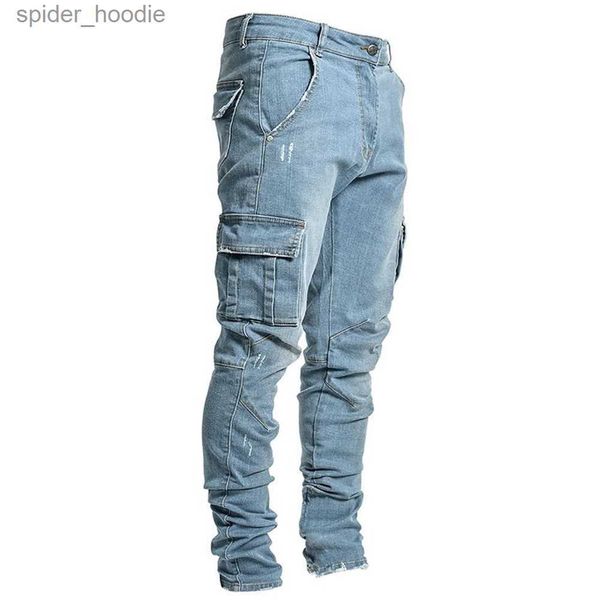 Jeans para hombres Moda Streetwear Ripped Skinny Jeans Hombres Lado Mulit Bolsillos Denim Cargo Pantalones Slim Fit Pantalones Hombre Soft Elástico Joggers L230927